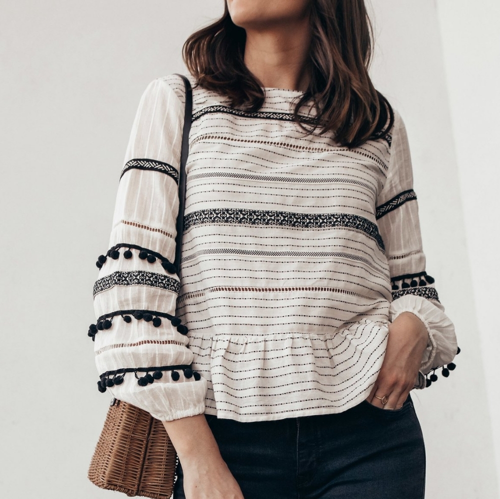 Striped Long Sleeve Blouse with Pom Pom Details